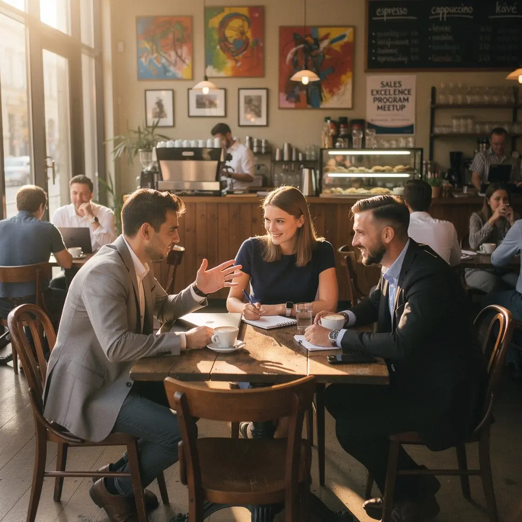 Értékesítési szakemberek egy konferencián, akik a hideghívásos értékesítési technikákat tanulmányozzák.
