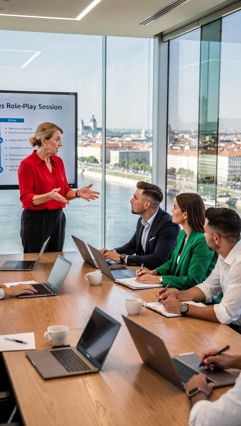 Egy üzleti prezentáció, ahol a résztvevők a zárási technikák hatékonyságát vitatják meg.