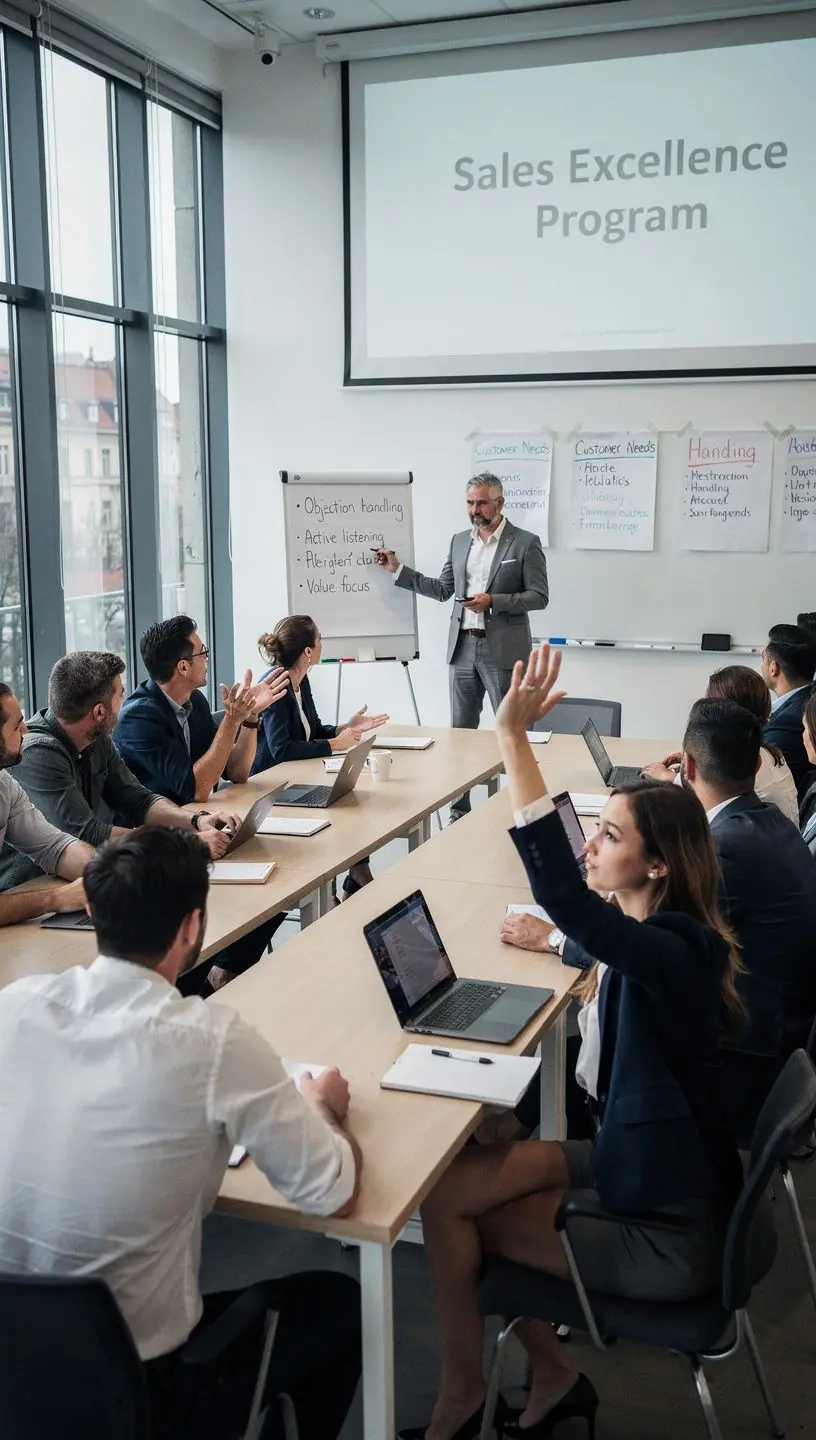 Csoportos tréning, ahol a résztvevők aktívan gyakorolják a telefonos tárgyalási technikákat.