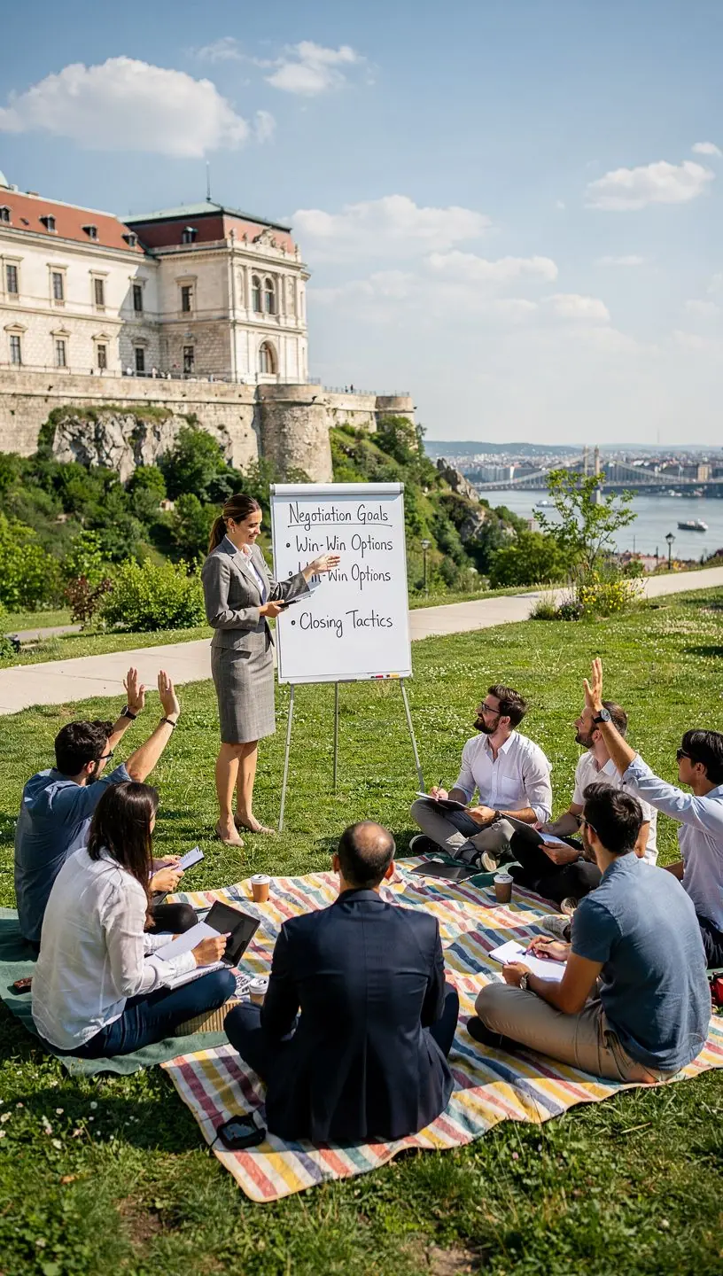 Csoportos tréning, ahol a résztvevők aktívan gyakorolják a telefonos tárgyalási technikákat.