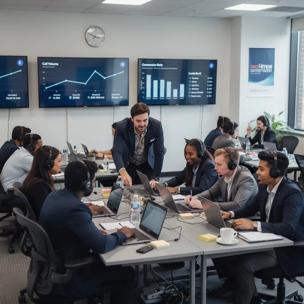 Csoportos tréning, ahol a résztvevők aktívan gyakorolják a telefonos tárgyalási technikákat.